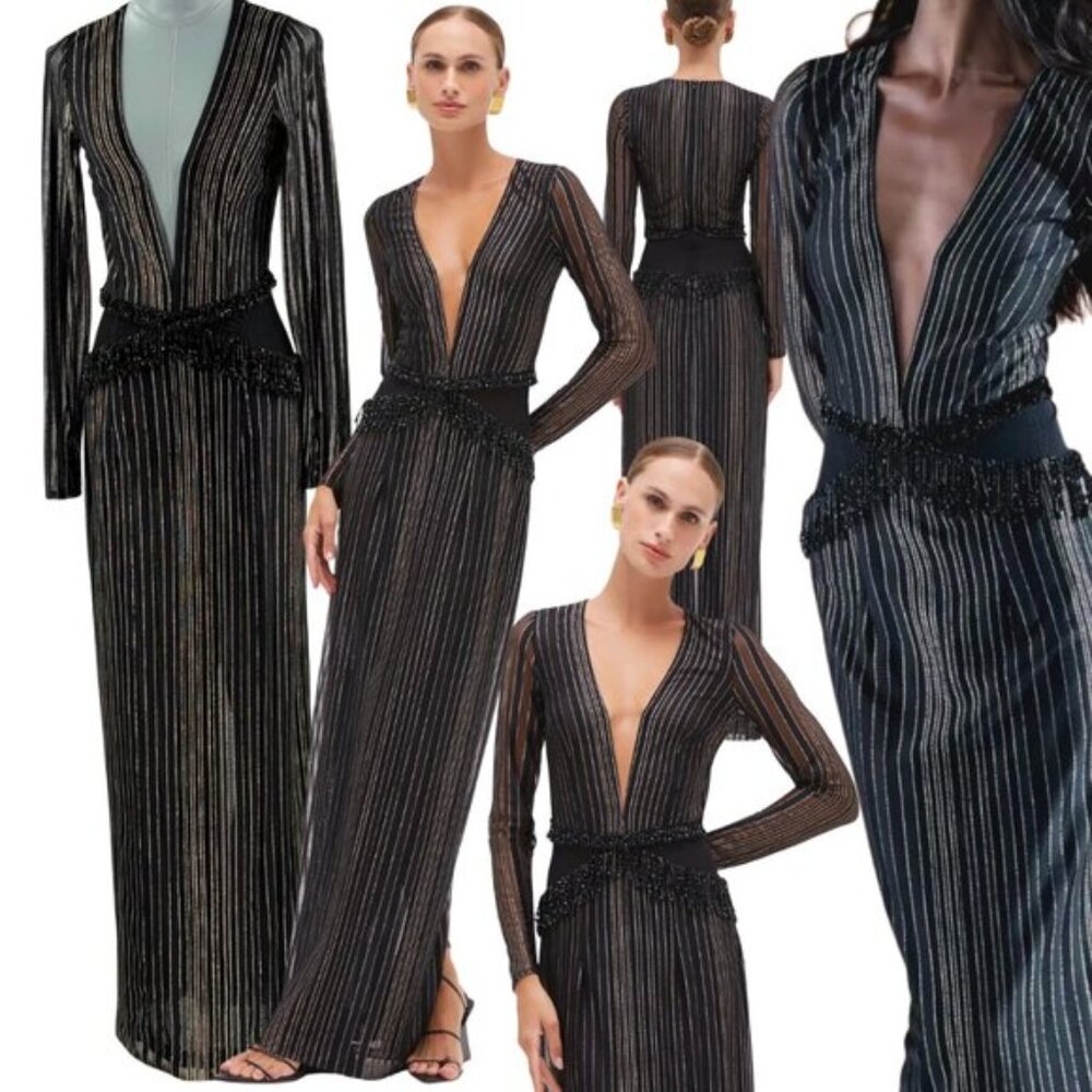 🆕 PATBO 🧿 NWOT Prism Lurex Metallic Thread Beaded Gown, Sz BR 36 US 4